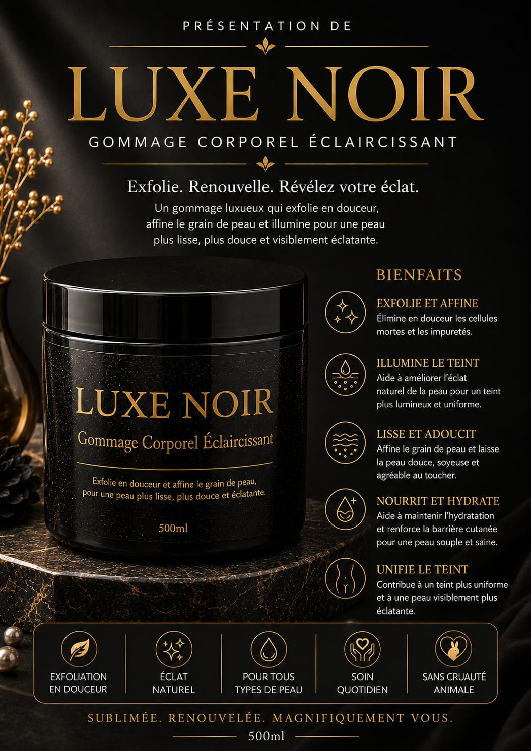 Luxe Noir Brightening Cleansing Scrub Exfoliator - Hydroquinone-Free Clean Beauty Body Scrub, Targets Aging, Refreshes Skin for Body Care
