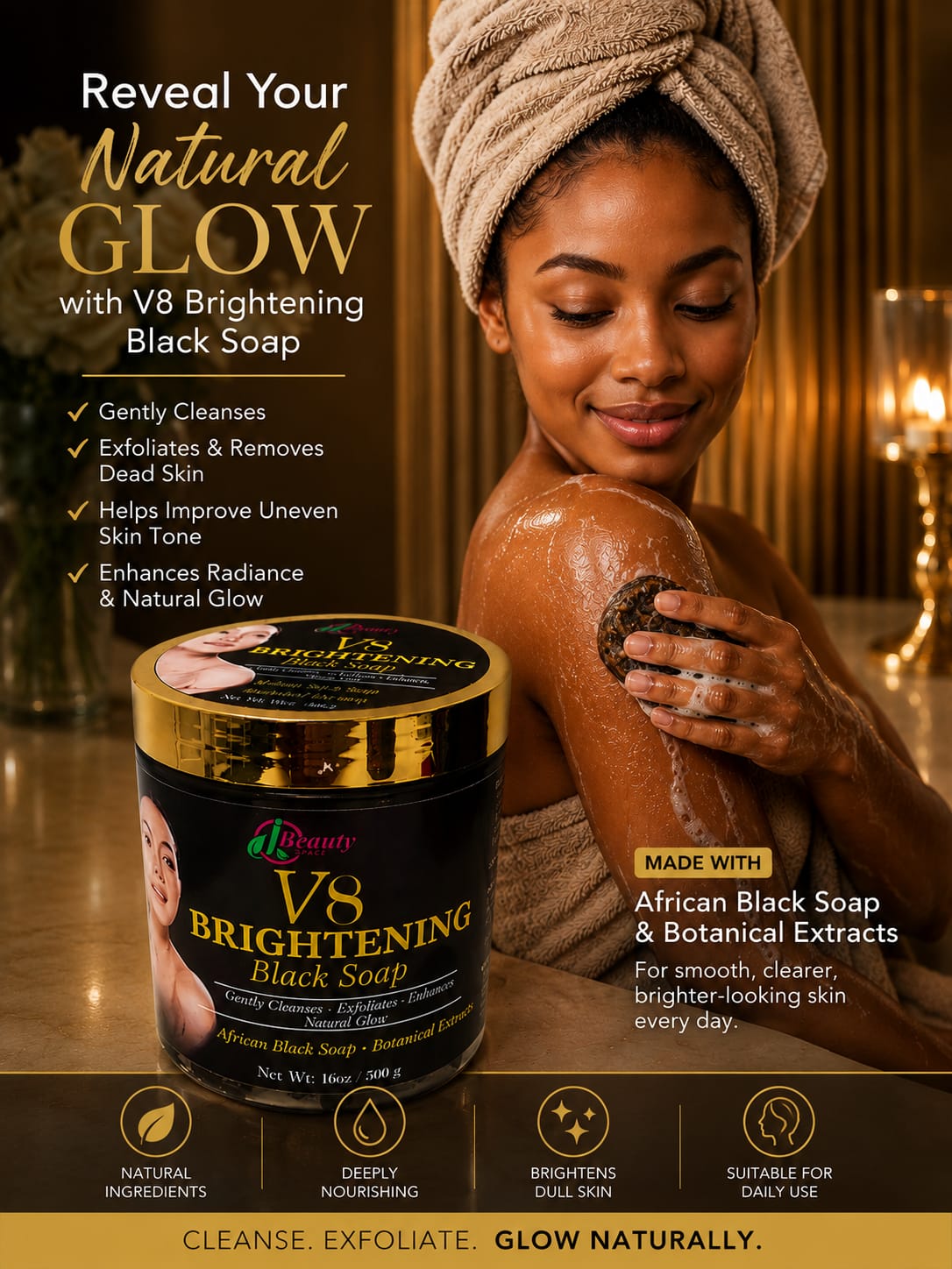 V8 Super treatment and lightening, glowing Black Soap for Radiant Skin, clean dark knuckles and Dark Areas