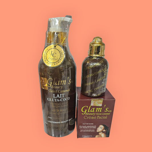 3in1 GLAM'S 24K CARAMEL COMPLEXION BODY LOTION ,SERUM FACE CREAM SET