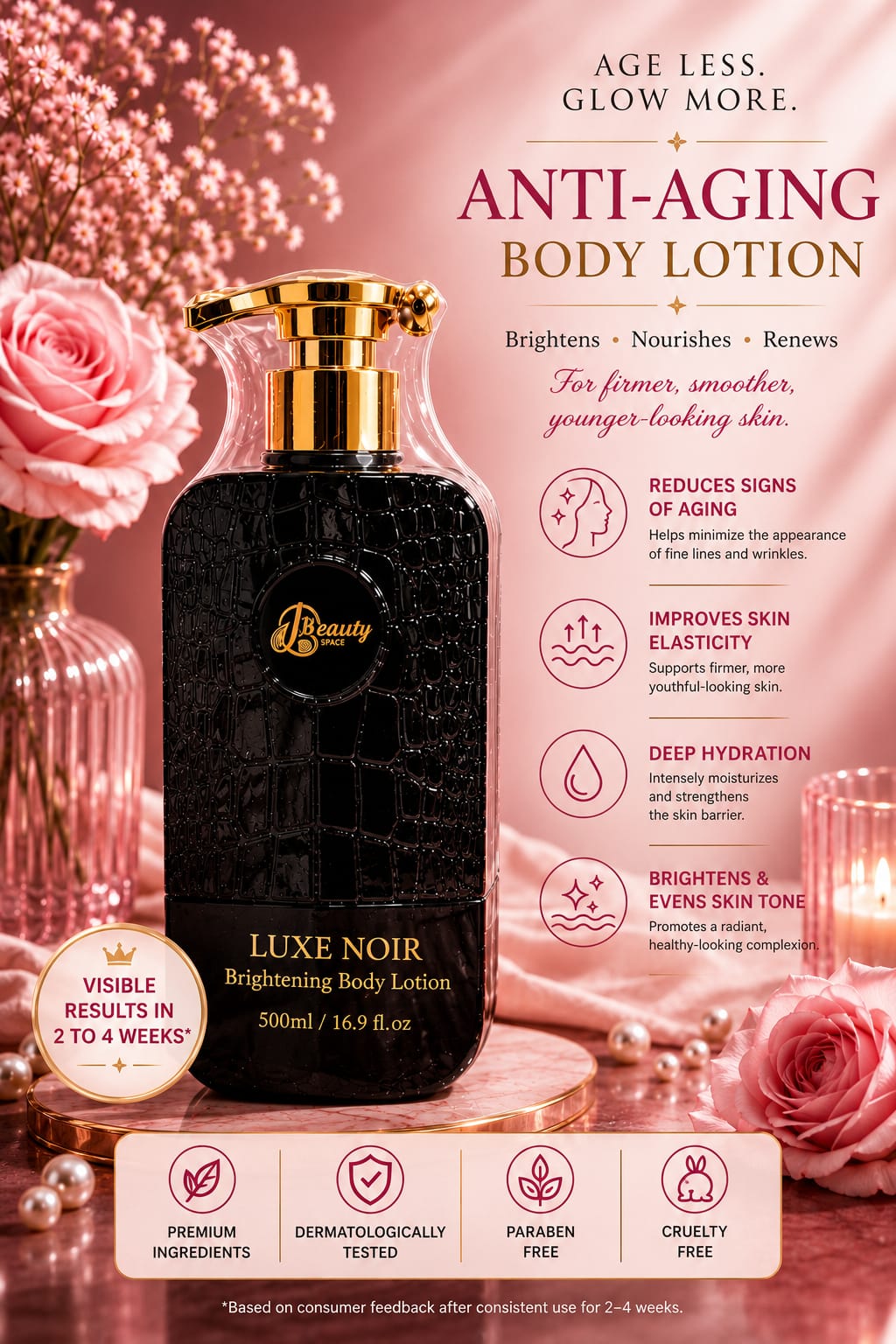 100% Organic Luxe Noir Anti-Aging Brightening Body lotion, Hydroquinone free Effective for all skin types